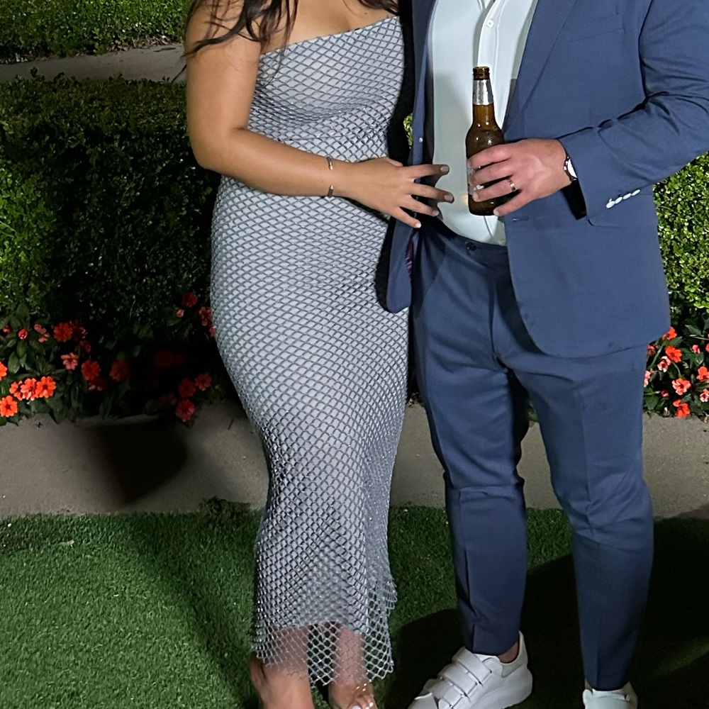 Silver tube dress with mesh layover